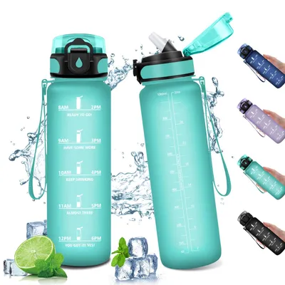 Produktbild von Trinkflasche mit Strohhalm, 1 Liter, auslaufsicher, wiederverwendbar, Sportflasche für Fitness