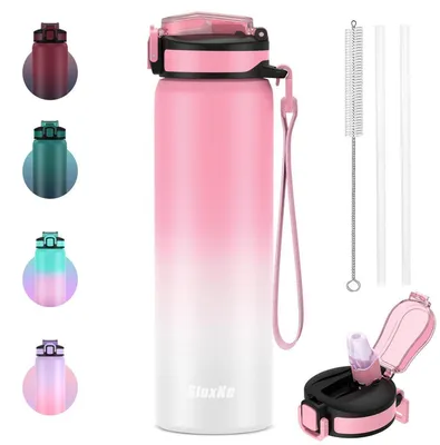 Obrázek produktu pro Nerezová láhev na pití s brčkem, objem 700 ml, termoizolační, dvouplášťová, bez BPA