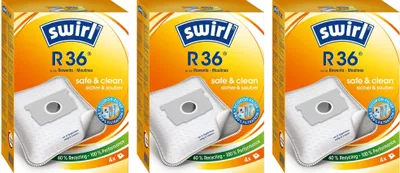 Three identical packages of Swirl R36 vacuum cleaner bags are displayed side-by-side against a white background.