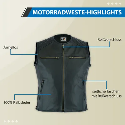 Produktbild von Motorrad Kutte Lederweste Bikerweste Motorradweste Kragenlose schwarz, Größe:48/S