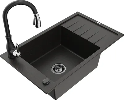 Produktbild von Mexen Elias 1 Becken-Granitspüle mit Abtropffläche und Mischbatterie Savita, Schwarz/Gold metallisch - 6511-75-672601-70-B