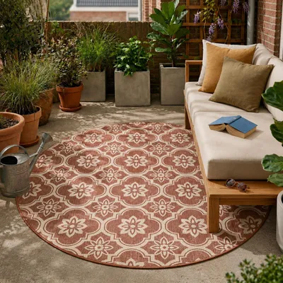 Produktbild von Volero - Outdoor Teppich Rund - Rio Flower Rosa - Ø 100cm - Balkon, Garten, Terrasse, Wintergarten - Boho