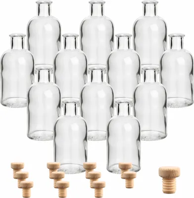 Produktbild von gouveo 12er Set Glasflaschen 100 ml Apotheker rund mit Korken (HGK) - Kleine 0,1 l Flasche aus Glas für Likör, Öl, Essig, Deko
