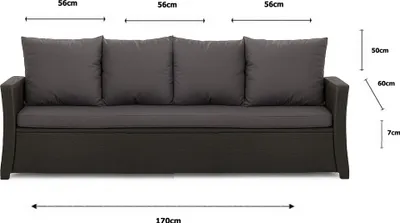 A front view of a dark gray outdoor sofa with dark gray cushions, with dimensions indicated by lines and text.