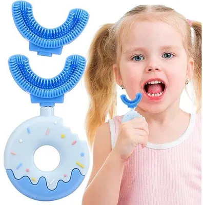 Image de Brosse à dents pour enfants en forme de U, avec des poils souples nettoyant à 360°, anneau en silicone, pour les enfants de 2 à 6 ans, bleu