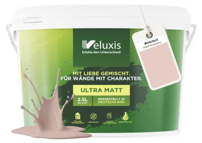Produktbild von Wandfarbe Rosa Beige Hellgrau Matt Innenfarbe – Deckkraft Klasse 1, VOC-frei, Ohne Grundierung, Tropfarm – Wohnzimmer & Schlafzimmer – 2,5L – Veluxis (Sweet Strawberry)