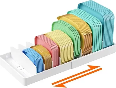 Produktbild von Topfdeckel Frischhaltebox Lagerung, 1 Stück Lunchbox Deckel Aufbewahrung Organizer Küche Topfdeckelhalter Schrank Schublade, Teleskopschublade 34-62cm mit 8 Verstellbar Trennwand