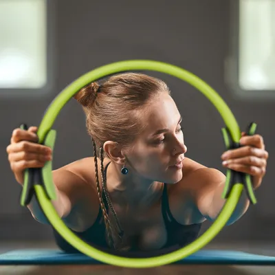 Produktbild von 2 x Pilates Ring mit Übungen, Doppelgriff, gepolstert, Widerstandsring Yoga, Fiberglas, Fitness Ring Ø 37 cm, grün