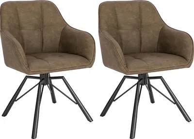Two brown swivel chairs with black metal legs are shown against a white background.