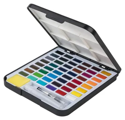 Produktbild von Crelando Aquarell Farbkasten 51-tlg 48 Farben Wassertankpinsel Schwamm Palette