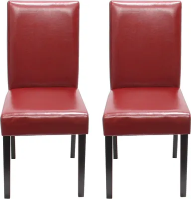 Two red dining chairs with dark legs on a white background.