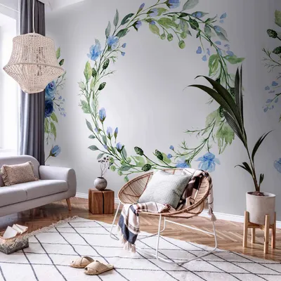 Produktbild von Selbstklebende Folie Fototapete - Romantic wreath - plant motif with blue flowers and leaves 245x175 cm Blumen b-C-10125-a-b