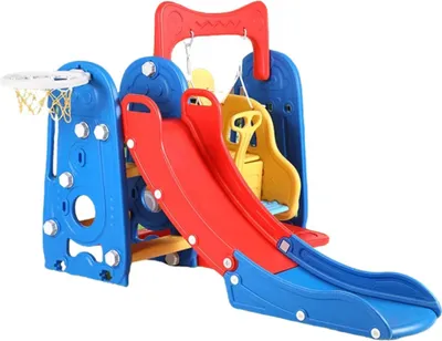 Produktbild von 3-in-1 Schaukel- und Rutschset für Kleinkinder – Indoor- und Outdoor-Spielset mit Rutsche, Schaukel, Kletterelement und Basketballkorb – Für Kinder von 1–7 Jahren – Blau & Rot