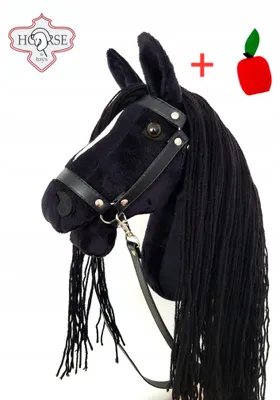 Produktbild von Hobby Horse Ikar groß schwarz mit Zaumzeug, Zügel und Apfel, 70x27 cm, Holzstab