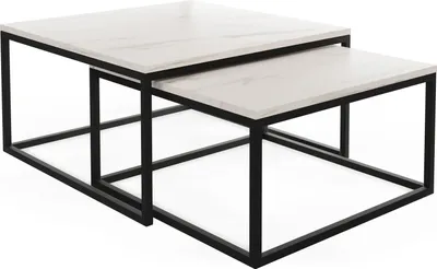 Produktbild von Rechteckige Quadratische Satztische Couchtische mit Schwarz Gestell - Loft Style Couchtische Metallbeine - 2 in 1 - Zwei Industrielle Getrennte Tische für Wohnzimmer - Marmor Weiß