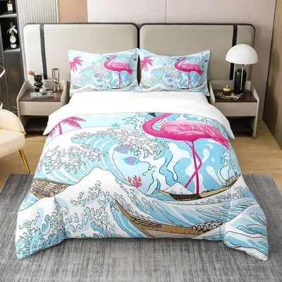 Produktbild von Bettwäsche Set 155x220 cm Rosa Flamingo Ocean Waves 100% Baumwolle mit 1 Kissenbezug 80x80 cm Blau