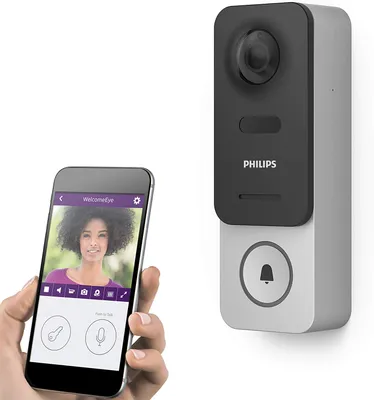 Zdjęcie produktu dla PHILIPS WelcomeEye Link, inteligentny wideodomofon, z kamerą, aplikacja na smartfony, bez subskrypcji, Wi-Fi, noktowizor, szerokokątna kamera Full HD 160° (1080p), zasilanie bateryjne, 2-kierunkowy dźwięk
