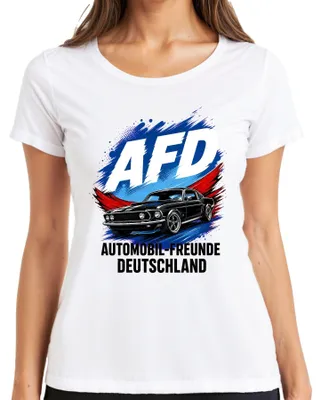 Obrázek produktu pro Tričko s potiskem "AFD Automobil Freunde Deutschland Sportwagen", sarkastický motiv, dámské, bílé, velikost 3XL