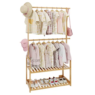 Produktbild von Dripex Garderobenständer, Kleiderständer Bambus mit 2 Ablagen für Kinderzimmer 35 x 88 x 140 cm