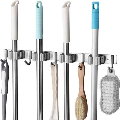 Immagine prodotto di Accessorio in acciaio con 4 occhielli e 5 ganci - Accessorio per montaggio a parete per cucina, bagno e garage