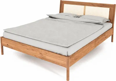Produktbild von Bett Zola 2 Wildeiche massiv 200x200 mit Rattankopfteil und Holzbeinen