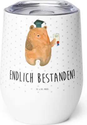 Produktbild von Mr. & Mrs. Panda Thermo Becher Bär Prüfung - Weiß - Geschenk, Thermobecher, glühweinbecher, thermosbecher, Abschlusszeugnis, Zeugnis, Abschluss, kaffee tasse, Teddy