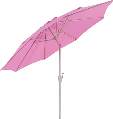 A pink patio umbrella is shown against a white background.