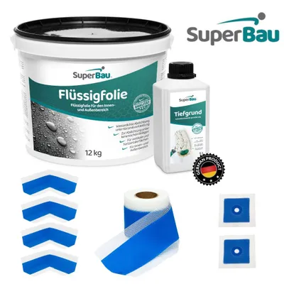 Produktbild von Superbau Dichtset - Flüssigfolie 12 kg, Tiefengrund 1L, Dichtband 10m, 4x Innenecke, 2x Manschette. Innen & Außen, Bad & Dusche, Balkon & Terasse