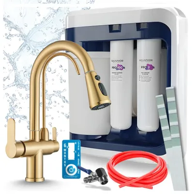 Immagine prodotto di Rubinetto da cucina a tre vie Nordic, in ottone, con doccetta estraibile. Include il sistema di filtraggio dell'acqua Aquaphor Ro-202S Pro
