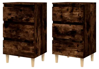 Produktbild von 2er Set Nachttische mit Massivholzbeinen Nachtschrank Nachtkonsole Schlafzimmer Kommode Räuchereiche 40x35x69cm