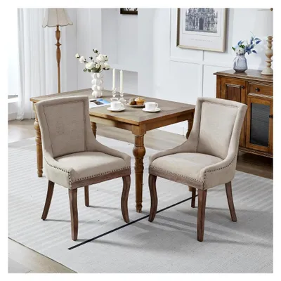 Produktbild von Esszimmerstühle 2er Set, Polsterstuhl mit hoher Rückenlehne, Beine aus Massivholz, Dicke Stoffstühle, Chenille Sitzfläche für Esszimmer, Wohnzimmer, Arbeitszimmer, Beige