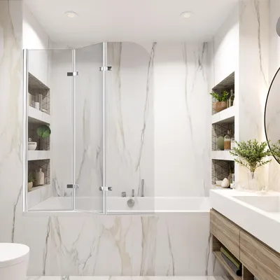 Immagine prodotto di Pannello doccia Ikodm per vasca da bagno, 120x140 cm, divisorio doccia pieghevole in due parti realizzato in vetro di sicurezza da 6 mm (EGS), da montare sopra la vasca, colore argento, trasparente