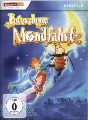 Animated characters flying in front of a moon and starry sky.