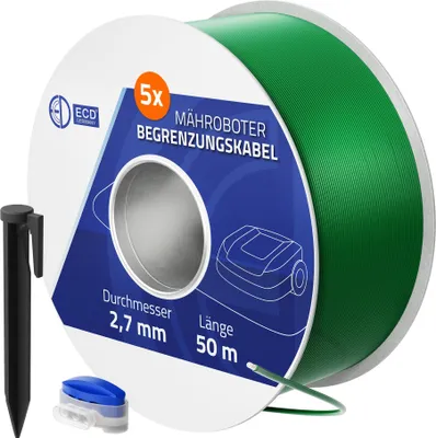 Obrázok produktu pre ECD Germany 250 m univerzálneho ohraničujúceho kábla pre robotické kosačky + 1000 uzemňovacích kolíkov + 60 pocínovaných medených káblových konektorov Kompatibilné s Gardena Bosch Husqvarna