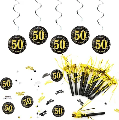 Produktbild von Oblique Unique 50. Geburtstag Party Feier Deko Set - Tröten + Deckenhänger Wirbel Spiral Girlanden + Konfetti
