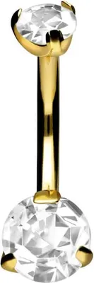 Produktbild von Bauchnabelpiercing Titan Mini Bananabell mit Innengewinde 2 KRISTALLE Farbe: Gold + Kristall: Kristallklar Stablänge: 8mm