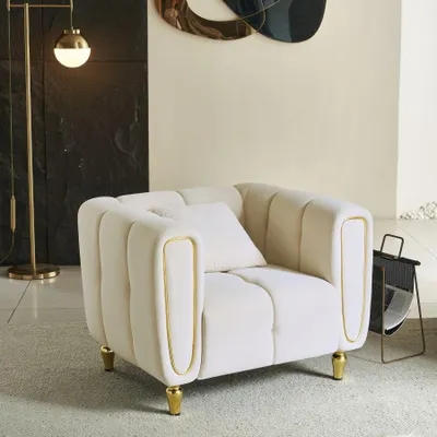 Immagine prodotto di Poltrona in metallo dorato e velluto crema con cuscino cm 97x81x71
