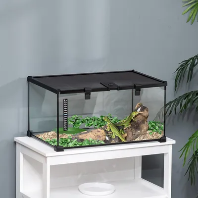 Produktbild von Glasterrarium für Reptilien, Reptilienbox mit Schloss, Vivarium Hartglas + Stahl, Schwarz | 50 x 30 x 25 cm | Gitterdeckel | wasserdicht
