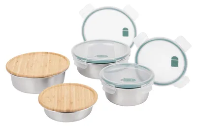 Produktbild von Rotho 4er Frischhaltedosen Set PAGAMALU – Edelstahl Vorratsdosen 0,6L | 0,9L | 2x 1,4L – luftdicht & mikrowellengeeignet – Aufbewahrungsboxen mit Bambus- & Kunststoffdeckeln