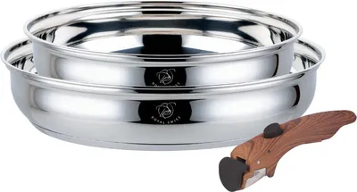 Produktbild von Bratpfannen Set 3-teilig aus Edelstahl – Abnehmbarer Griff – 24 & 28 cm – Induktionsgeeignet – Für alle Herdarten SOYAL SWISS