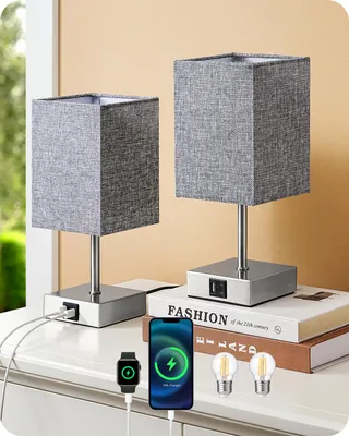 Produktbild von EDISHINE  Tischlampe 2er Set Touch Dimmbar, Nachttischlampen mit Ladefunktion, Grau