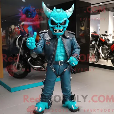 Immagine prodotto di Personaggio mascotte REDBROKOLY del diavolo turchese vestito con una giacca da motociclista e cavigliere