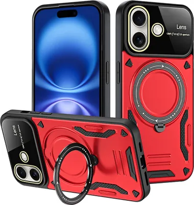 Produktbild von Rüstung Handyhülle für iPhone 16 Dual-Layer Magnetisches Ringhalter Ständer Magsafe Hülle Rot