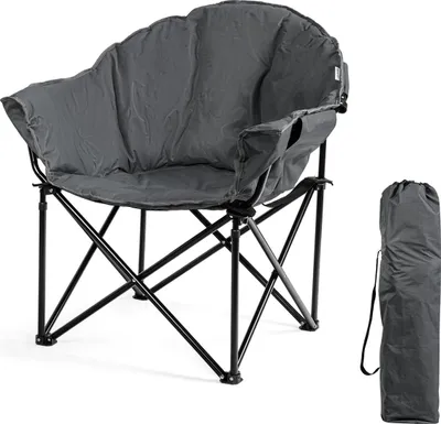 Obrázek produktu pro Skládací kempingová židle, polstrovaná skládací židle s opěrkou zad, područkami, držákem na nápoje a kapsou, ergonomická rybářská židle do 200 kg (šedá)