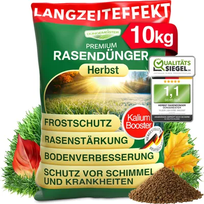 Produktbild von DÜNGEMEISTER Herbst Rasendünger – mit Langzeitwirkung und KaliumschutzPlus Formel für extrem winterfesten, sattgrünen Rasen! Perfekte Widerstandsfähigkeit gegen Frost & Krankheiten (10kg)