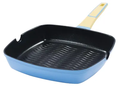 Produktbild von 28x28cm rechteckige Grillpfanne ca. 5.5cm hoch KING® GOURMET BLAU aus Aluguss mit keramisch verstärkter Antihaft-Beschichtung: XYLAN™ PLUS SILVER DIAMOND / Farbe: Blau