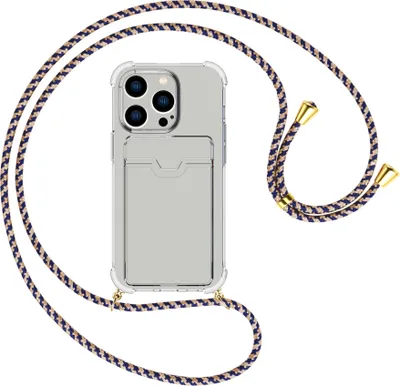 Produktbild von Handykette Backcover-Schutzhülle mit Band (Metall goldfarben) für Apple iPhone 15 Pro - blau+beige