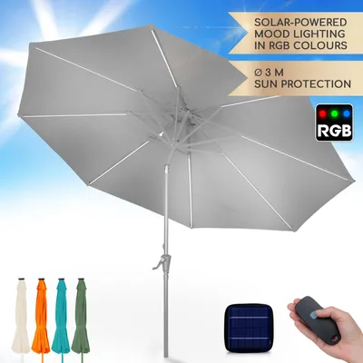 Zdjęcie produktu dla Blumfeldt Parasol na balkon i ogród, ochrona UV, oświetlenie LED, wodoodporny, okrągły, stabilny i łamany, panel solarny, osłona przeciwsłoneczna