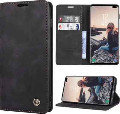 Produktbild von Kompatibel für Samsung Galaxy S10 Plus Hülle Premium Leder PolyurethanHandyhülle Flip Case Wallet Lederhülle Klapphülle Klappbar Silikon Bumper Schutzhülle für Samsung S10 Plus Tasche - Schwarz