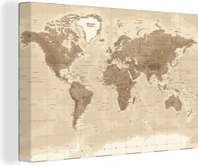 Obrázek produktu pro OneMillionCanvasses® - Obrazy na plátně - Mapa světa - Vintage - Hnědá, nástěnná malba, nástěnné dekorace obrazy obývací pokoj, 90x60cm